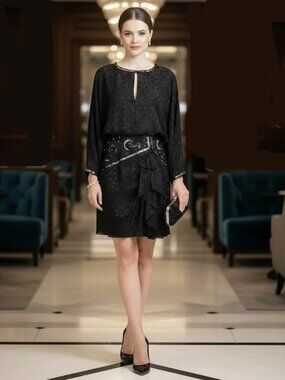 A.J. Bari Vintage 80s Black Silk Dress Beads Sequins
